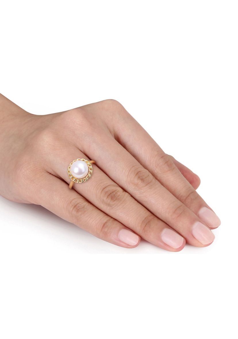 9-9.5mm Cultured Freshwater Pearl Halo Link Ring in Yellow Plated Sterling Silver