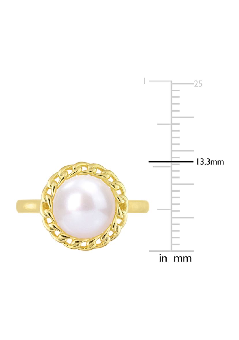 9-9.5mm Cultured Freshwater Pearl Halo Link Ring in Yellow Plated Sterling Silver