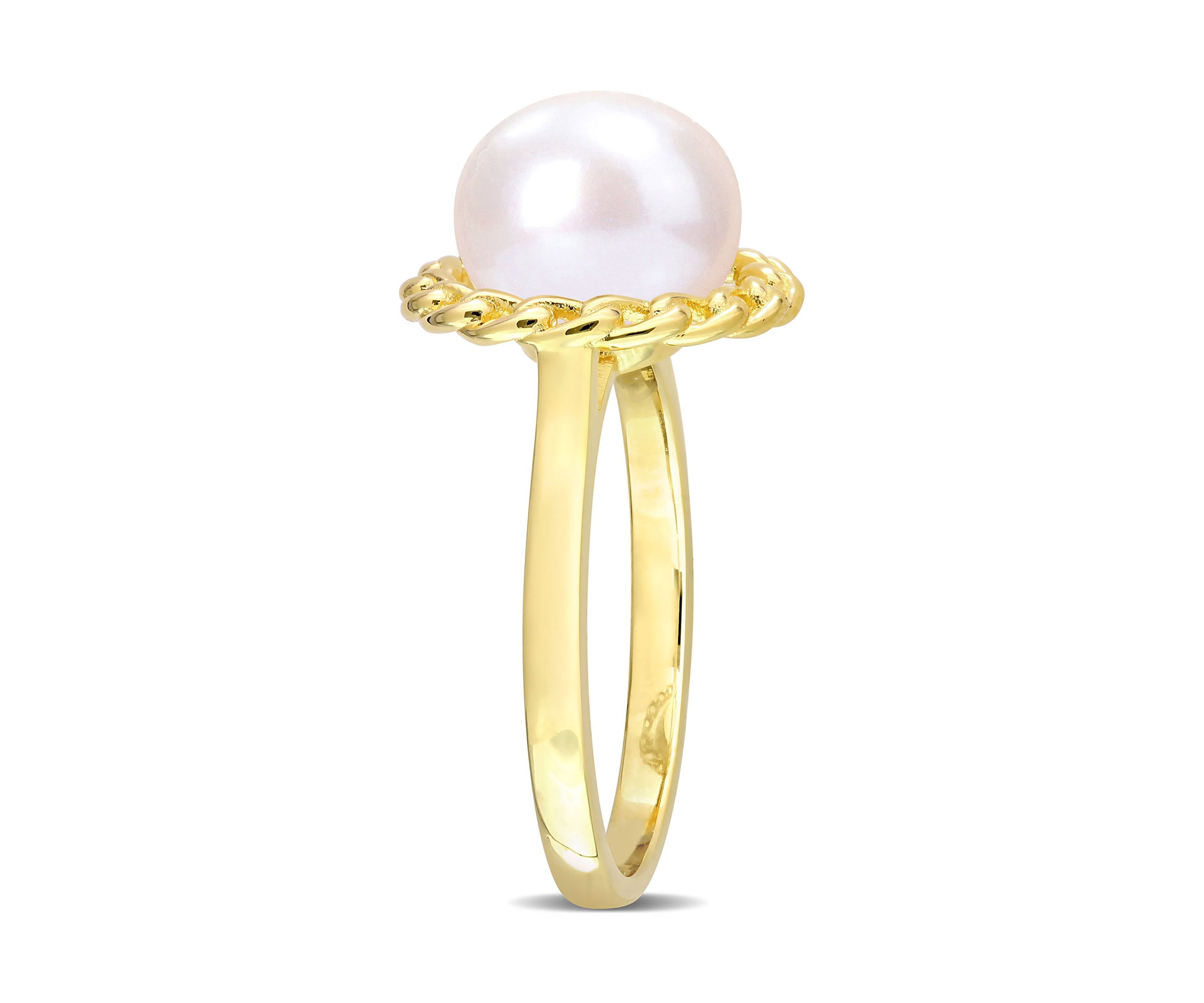 9-9.5mm Cultured Freshwater Pearl Halo Link Ring in Yellow Plated Sterling Silver