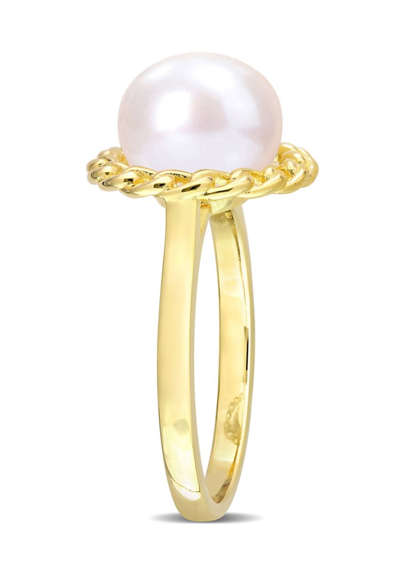 9-9.5mm Cultured Freshwater Pearl Halo Link Ring in Yellow Plated Sterling Silver