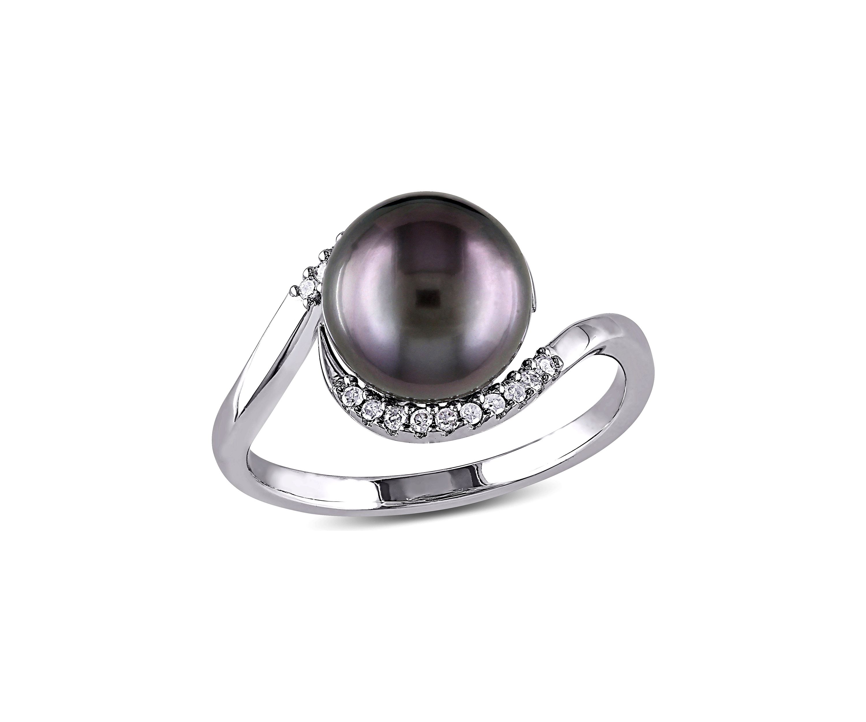 1/10 CT TW Diamond and 9 - 9.5 MM Black Tahitian Pearl Curlicue Ring in Sterling Silver