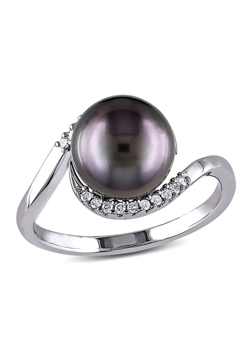 1/10 CT TW Diamond and 9 - 9.5 MM Black Tahitian Pearl Curlicue Ring in Sterling Silver