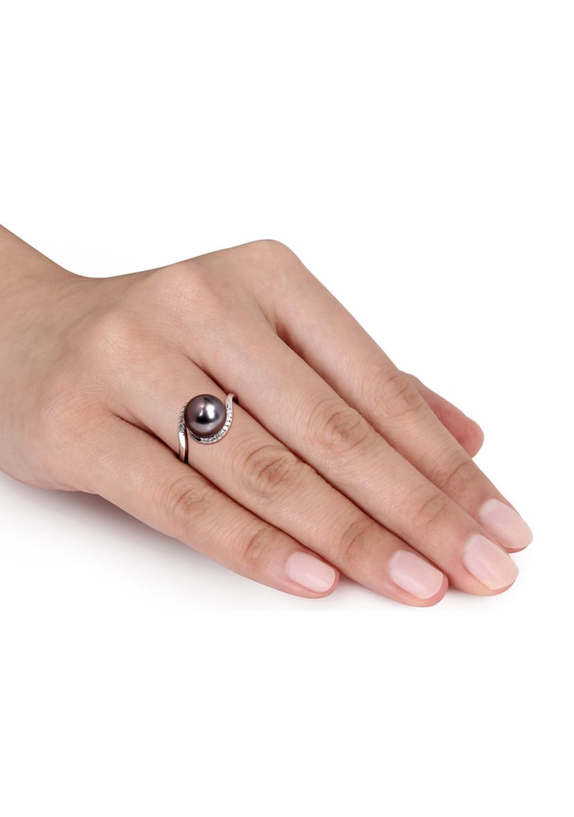 1/10 CT TW Diamond and 9 - 9.5 MM Black Tahitian Pearl Curlicue Ring in Sterling Silver