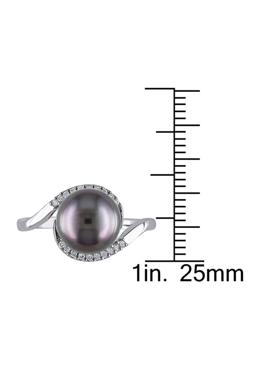 1/10 CT TW Diamond and 9 - 9.5 MM Black Tahitian Pearl Curlicue Ring in Sterling Silver