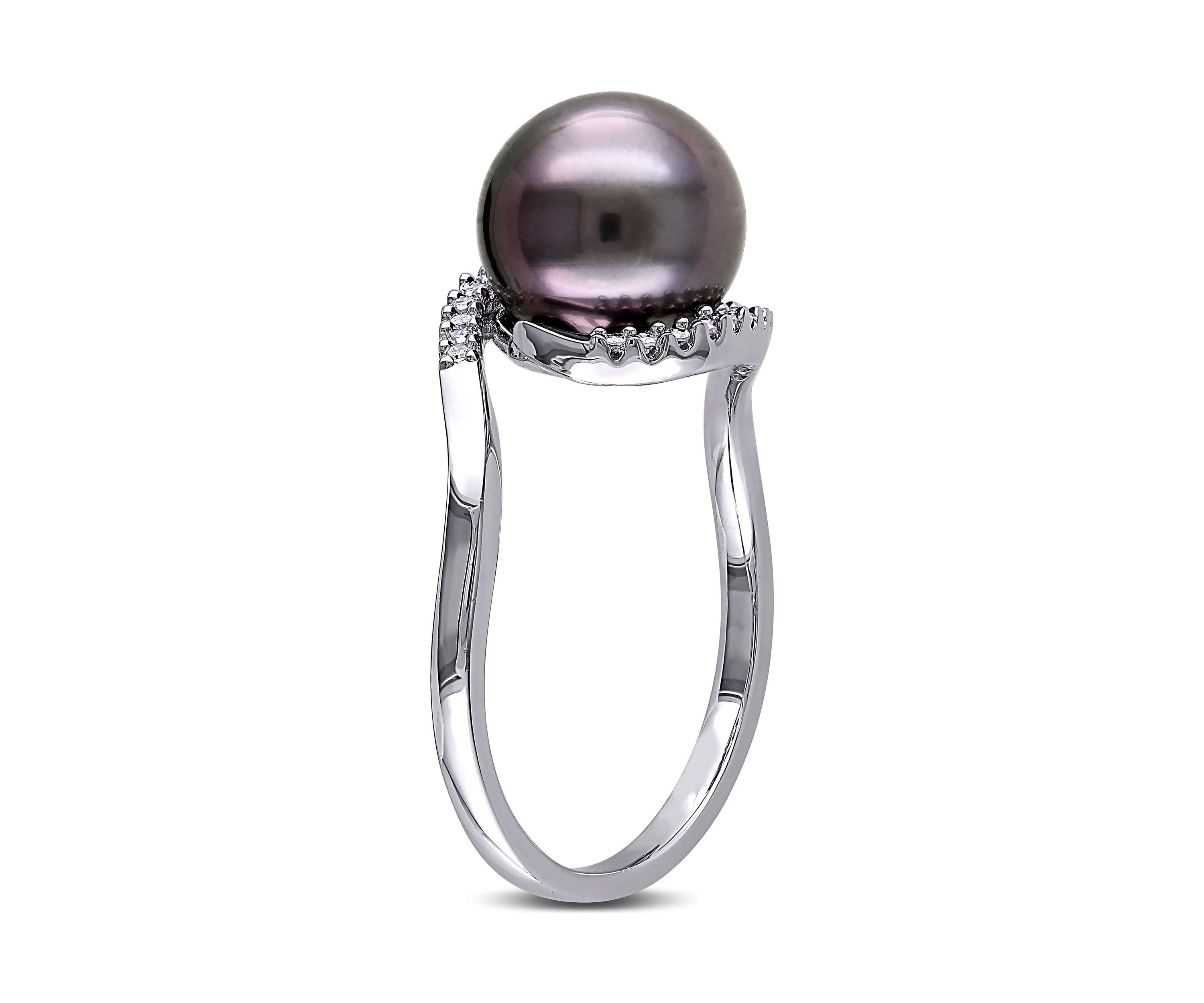 1/10 CT TW Diamond and 9 - 9.5 MM Black Tahitian Pearl Curlicue Ring in Sterling Silver
