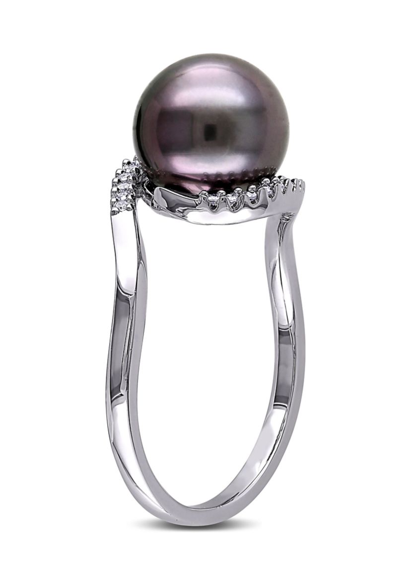 1/10 CT TW Diamond and 9 - 9.5 MM Black Tahitian Pearl Curlicue Ring in Sterling Silver