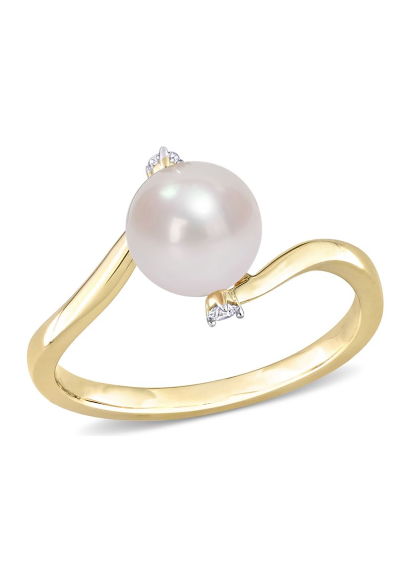 7-7.5mm Cultured Freshwater Pearl and Diamond Accent Bypass Ring in 10k Yellow Gold