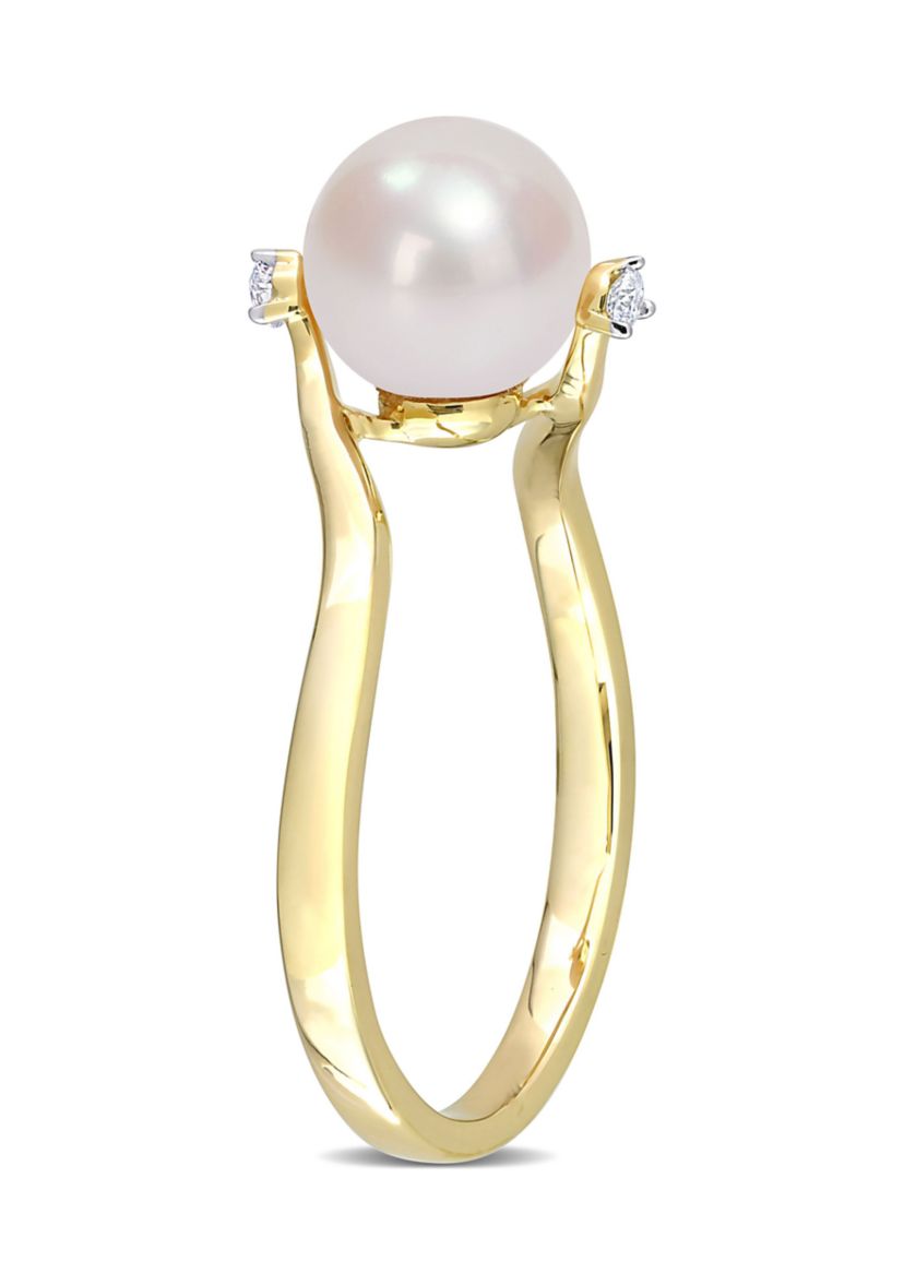 7-7.5mm Cultured Freshwater Pearl and Diamond Accent Bypass Ring in 10k Yellow Gold