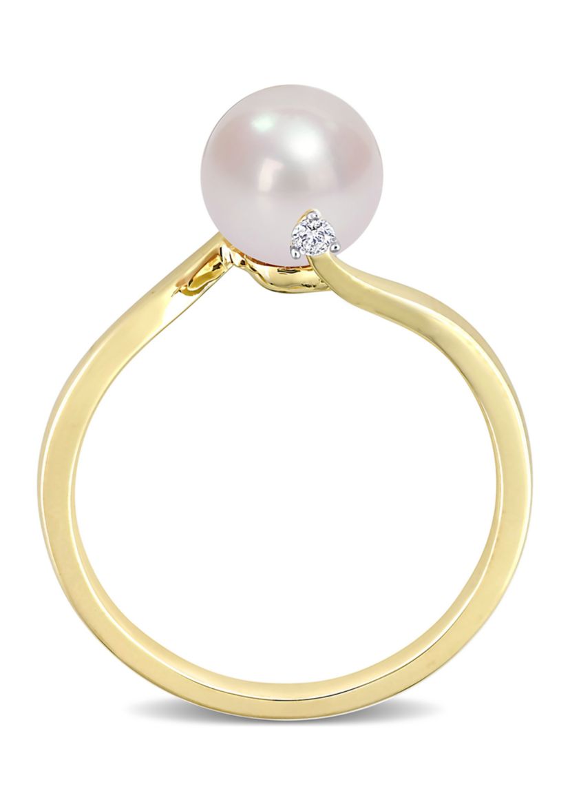 7-7.5mm Cultured Freshwater Pearl and Diamond Accent Bypass Ring in 10k Yellow Gold