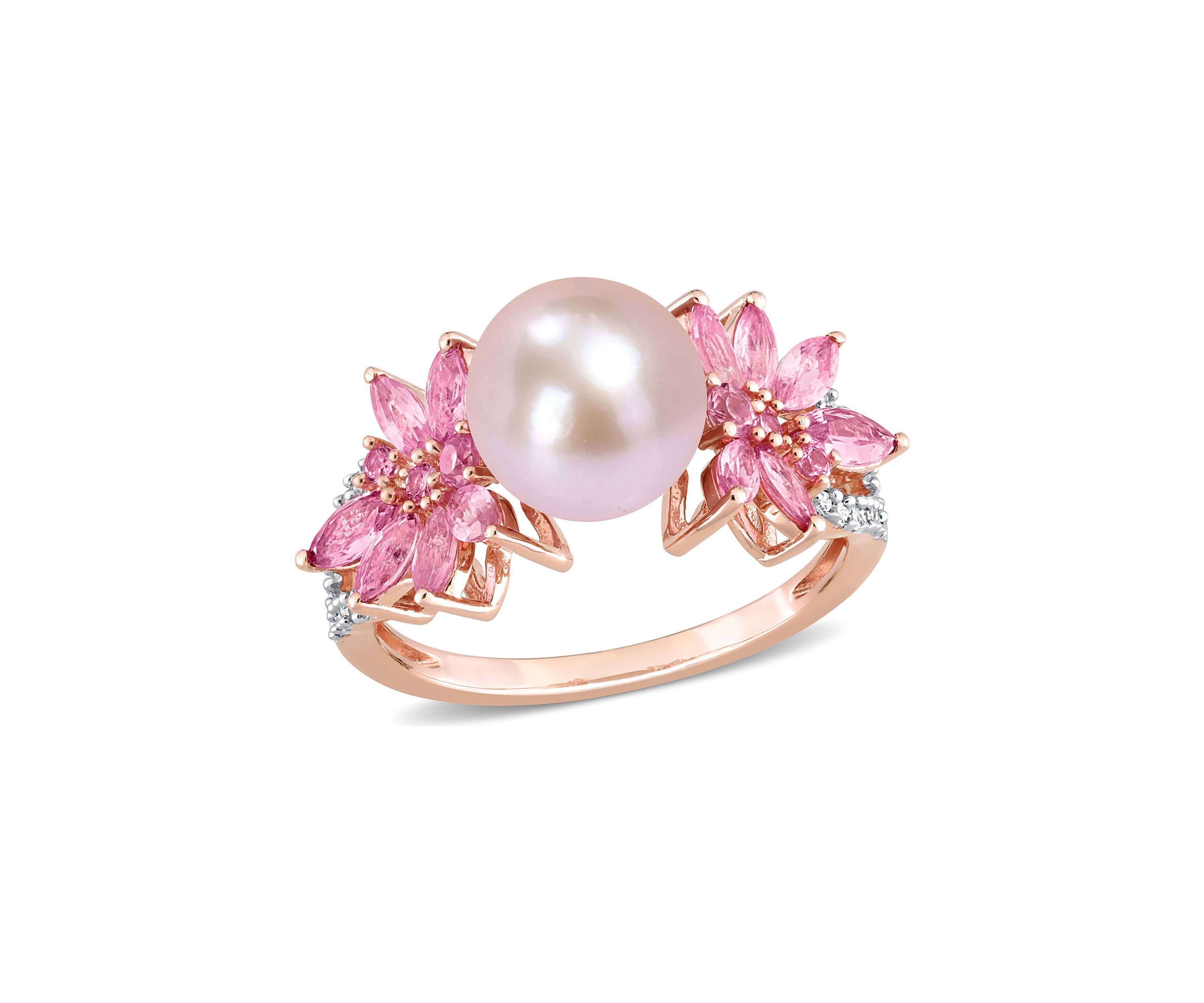 9-9.5mm Cultured Freshwater Pearl and 3/4 CT TGW Pink Sapphire and 1/8 CT TW Diamond Flower Ring in 14k Rose Gold