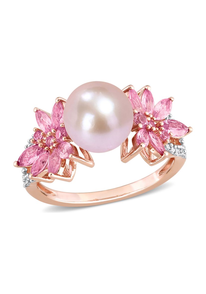 9-9.5mm Cultured Freshwater Pearl and 3/4 CT TGW Pink Sapphire and 1/8 CT TW Diamond Flower Ring in 14k Rose Gold