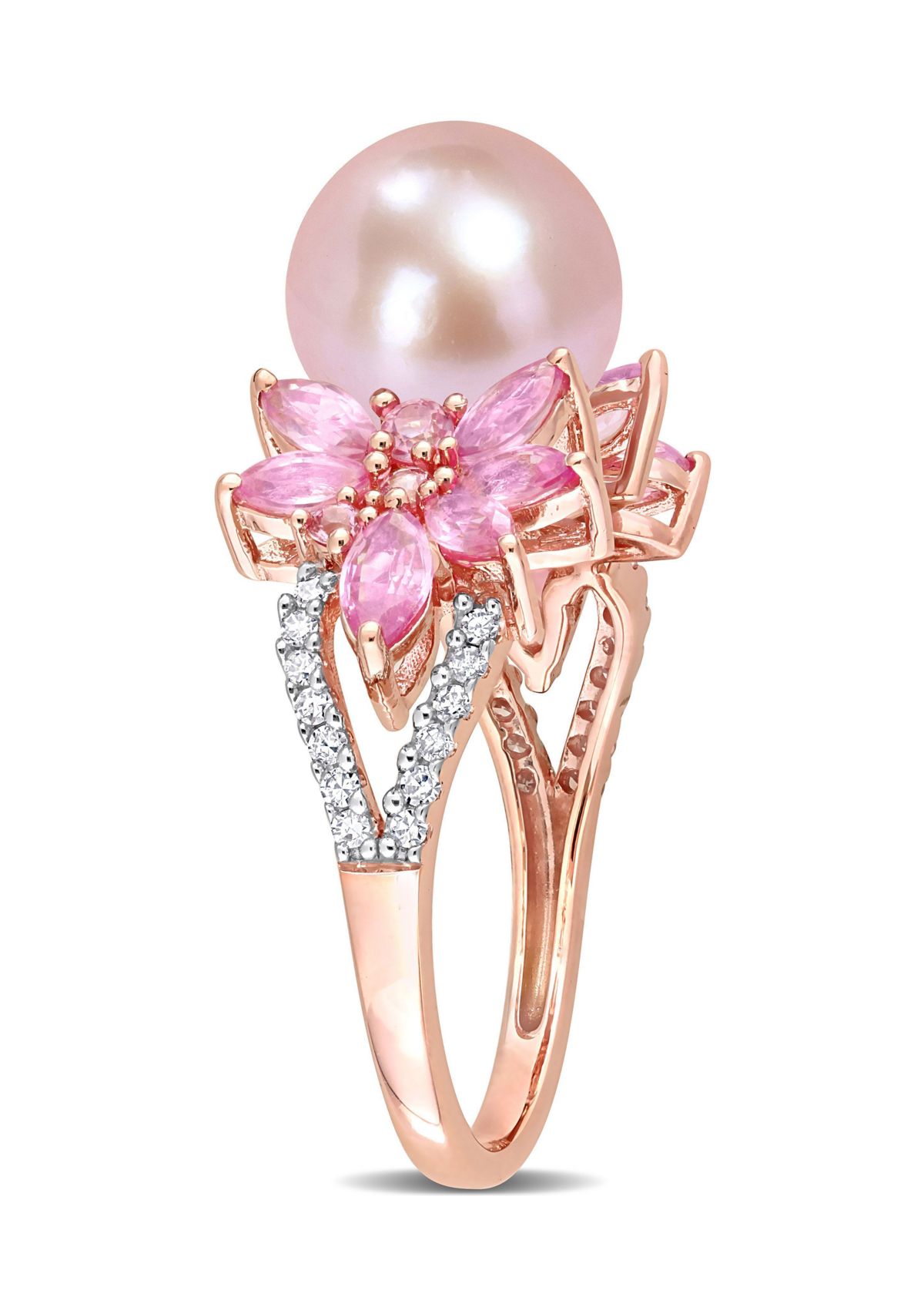 9-9.5mm Cultured Freshwater Pearl and 3/4 CT TGW Pink Sapphire and 1/8 CT TW Diamond Flower Ring in 14k Rose Gold