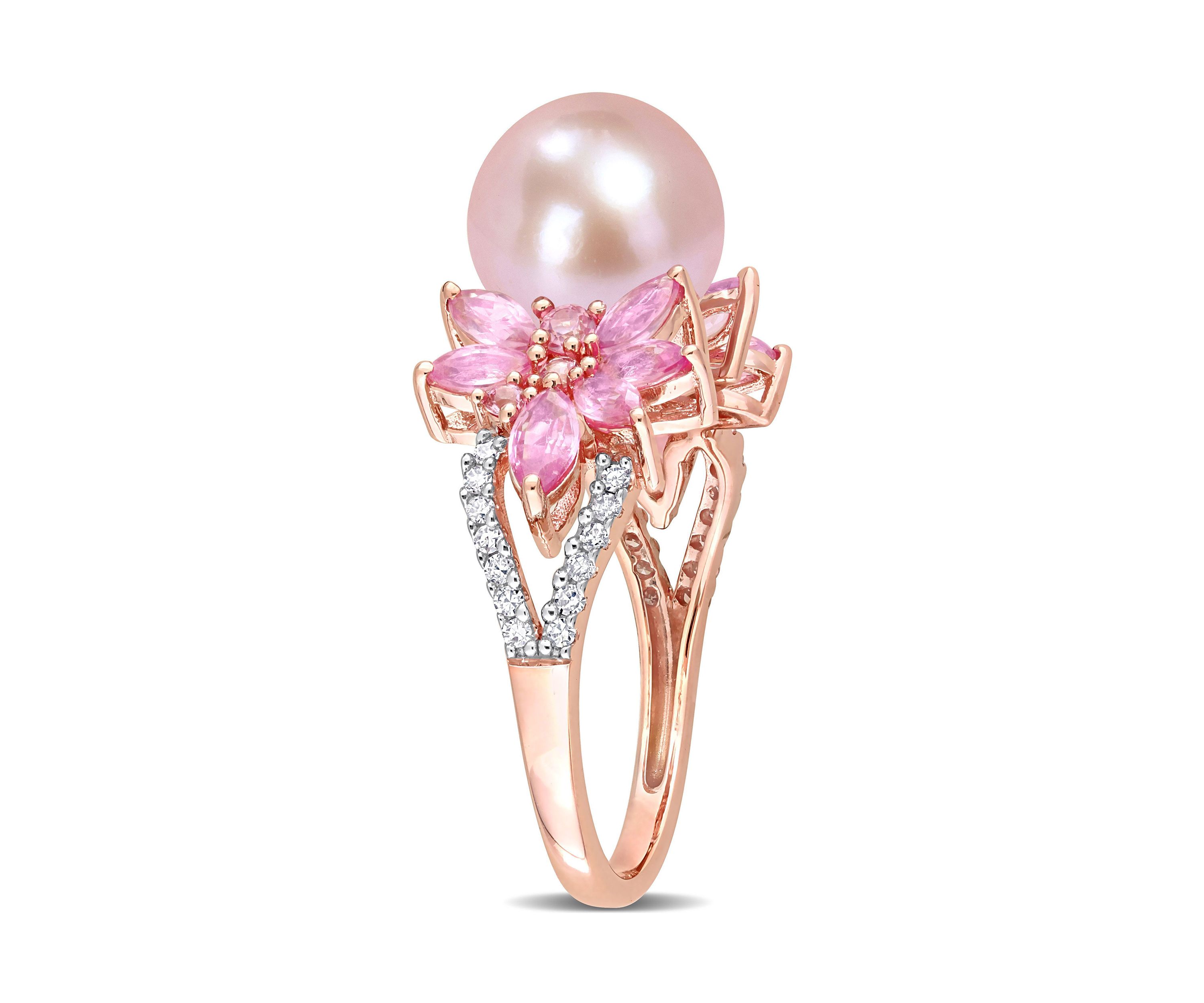 9-9.5mm Cultured Freshwater Pearl and 3/4 CT TGW Pink Sapphire and 1/8 CT TW Diamond Flower Ring in 14k Rose Gold