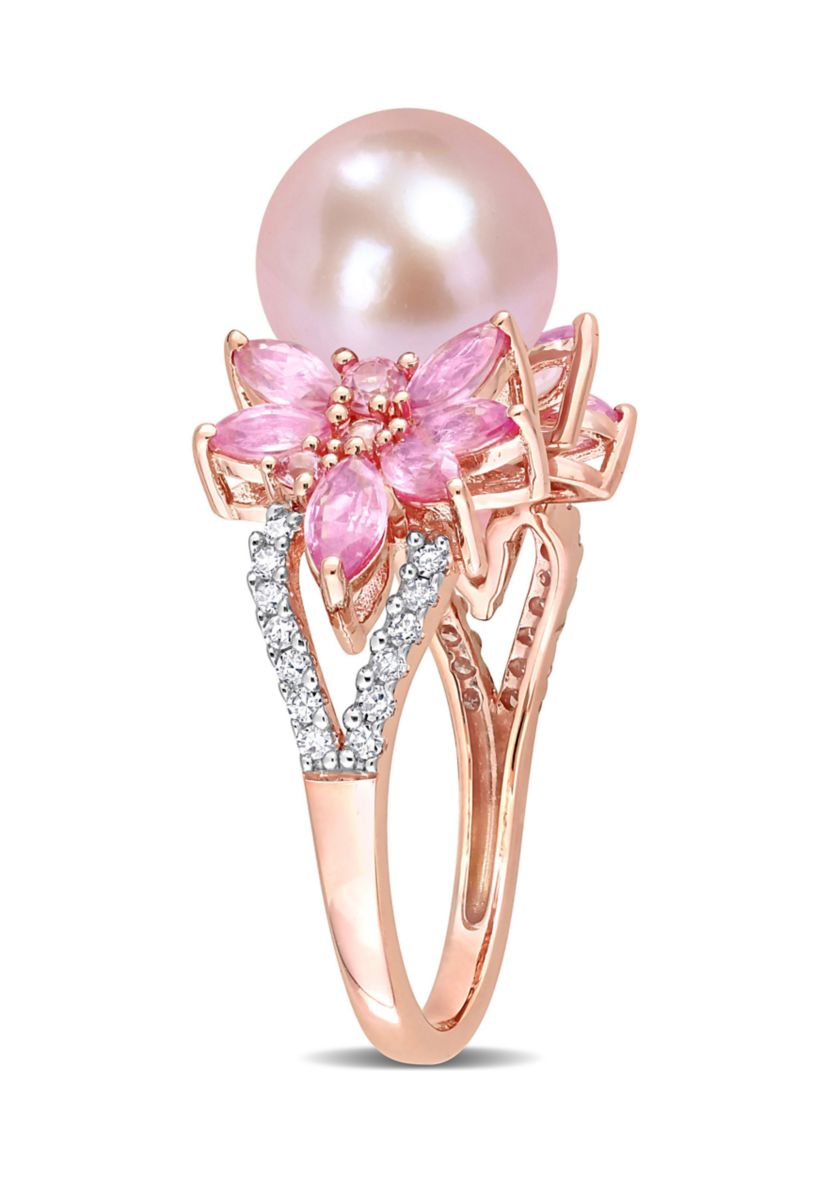 9-9.5mm Cultured Freshwater Pearl and 3/4 CT TGW Pink Sapphire and 1/8 CT TW Diamond Flower Ring in 14k Rose Gold