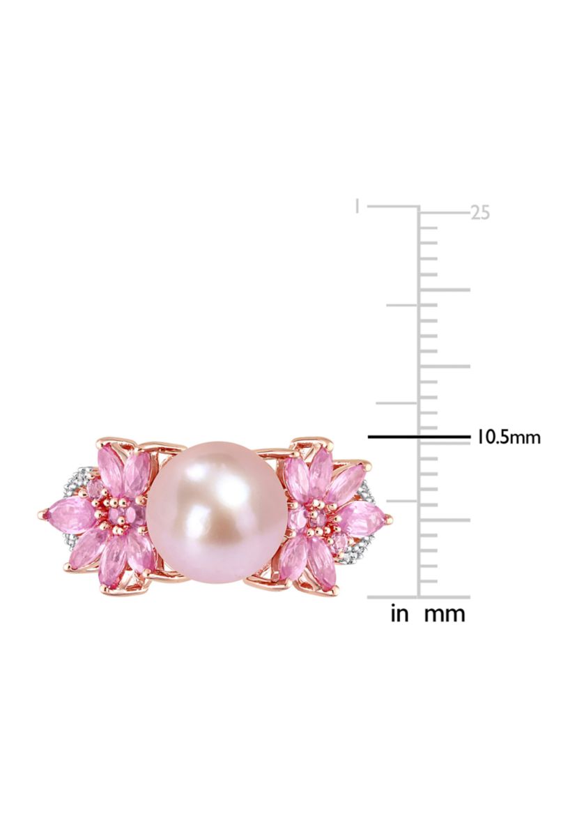 9-9.5mm Cultured Freshwater Pearl and 3/4 CT TGW Pink Sapphire and 1/8 CT TW Diamond Flower Ring in 14k Rose Gold