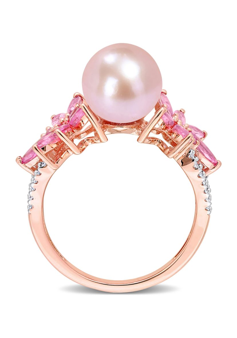 9-9.5mm Cultured Freshwater Pearl and 3/4 CT TGW Pink Sapphire and 1/8 CT TW Diamond Flower Ring in 14k Rose Gold