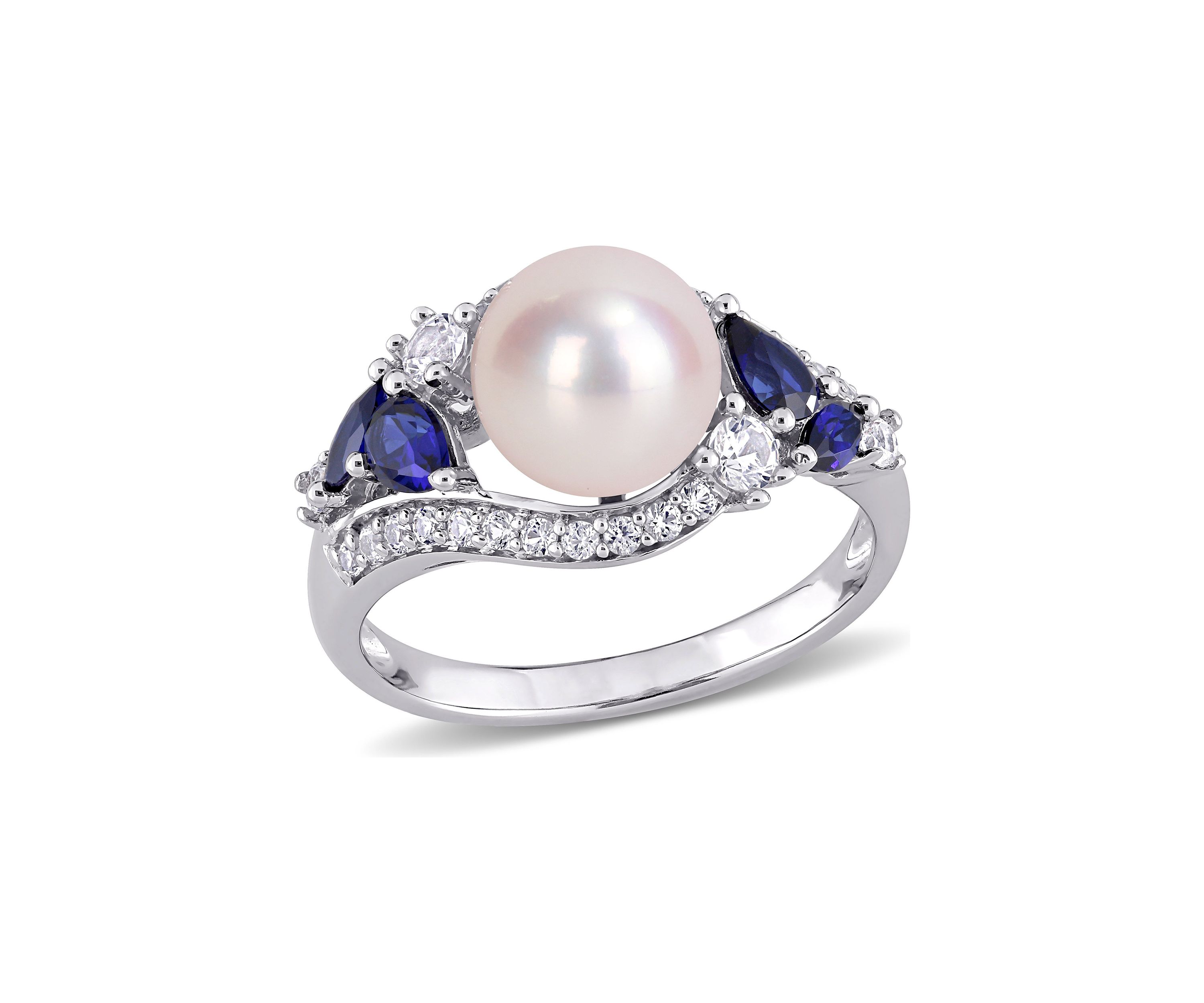 Lab Created 8-8.5mm Cultured Freshwater Pearl and 1 1/6 CT TGW Created Blue Sapphire Created White Sapphire Ring in 10k White Gold