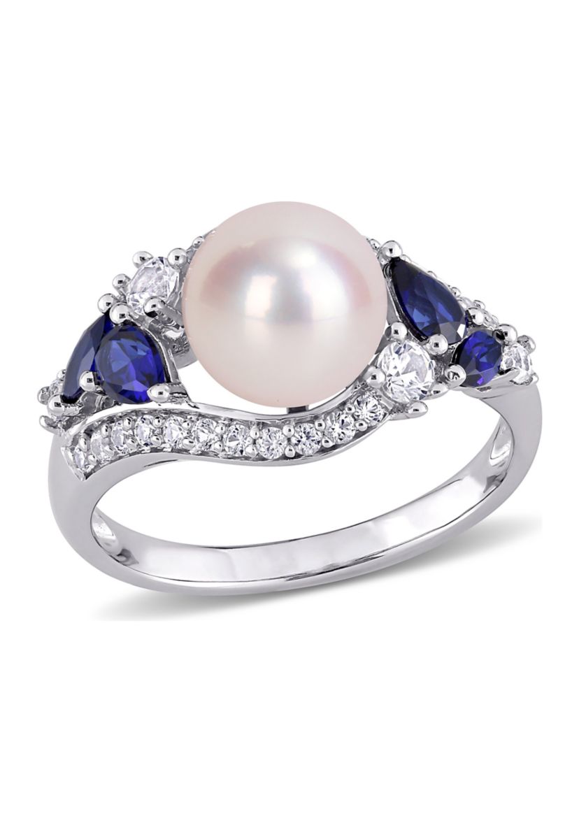 Lab Created 8-8.5mm Cultured Freshwater Pearl and 1 1/6 CT TGW Created Blue Sapphire Created White Sapphire Ring in 10k White Gold