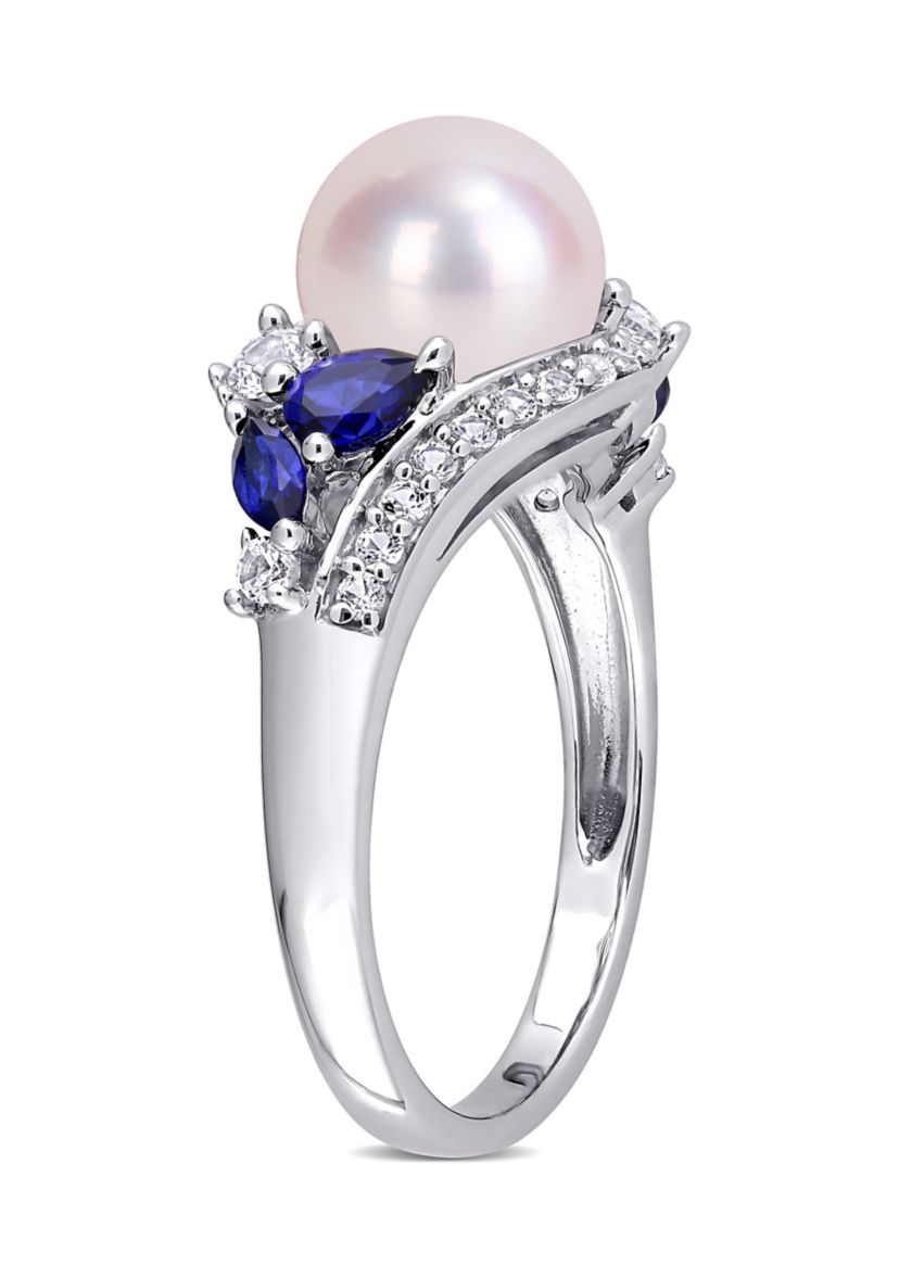 Lab Created 8-8.5mm Cultured Freshwater Pearl and 1 1/6 CT TGW Created Blue Sapphire Created White Sapphire Ring in 10k White Gold