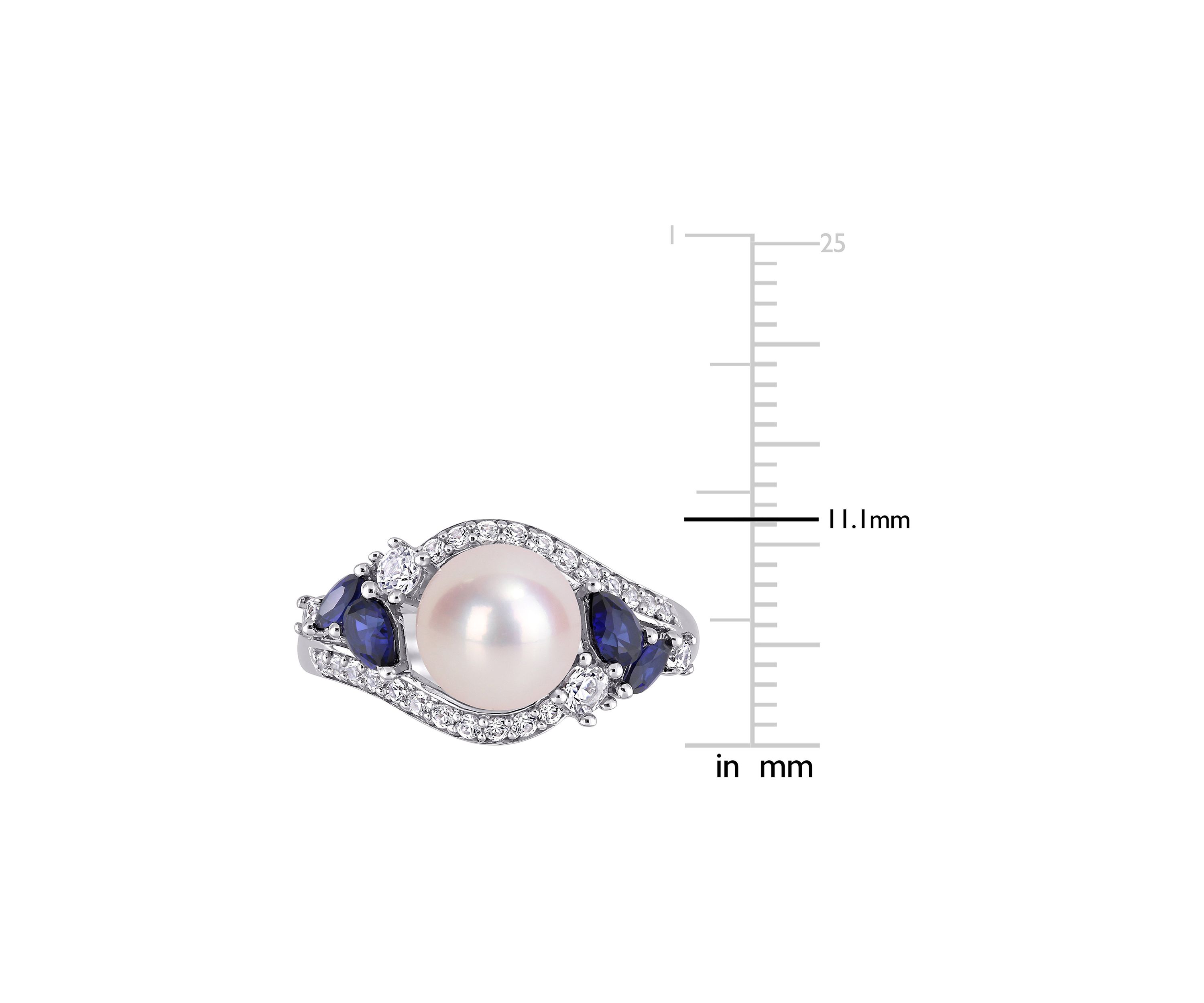 Lab Created 8-8.5mm Cultured Freshwater Pearl and 1 1/6 CT TGW Created Blue Sapphire Created White Sapphire Ring in 10k White Gold