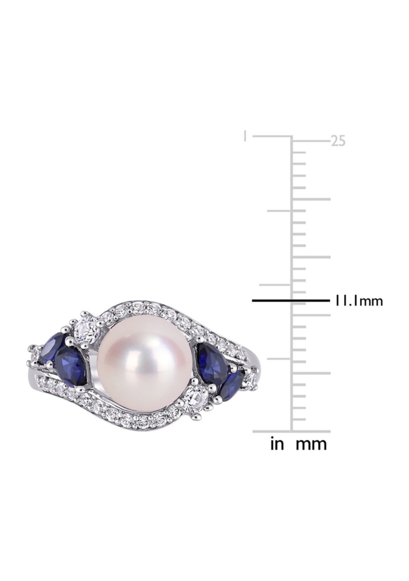 Lab Created 8-8.5mm Cultured Freshwater Pearl and 1 1/6 CT TGW Created Blue Sapphire Created White Sapphire Ring in 10k White Gold