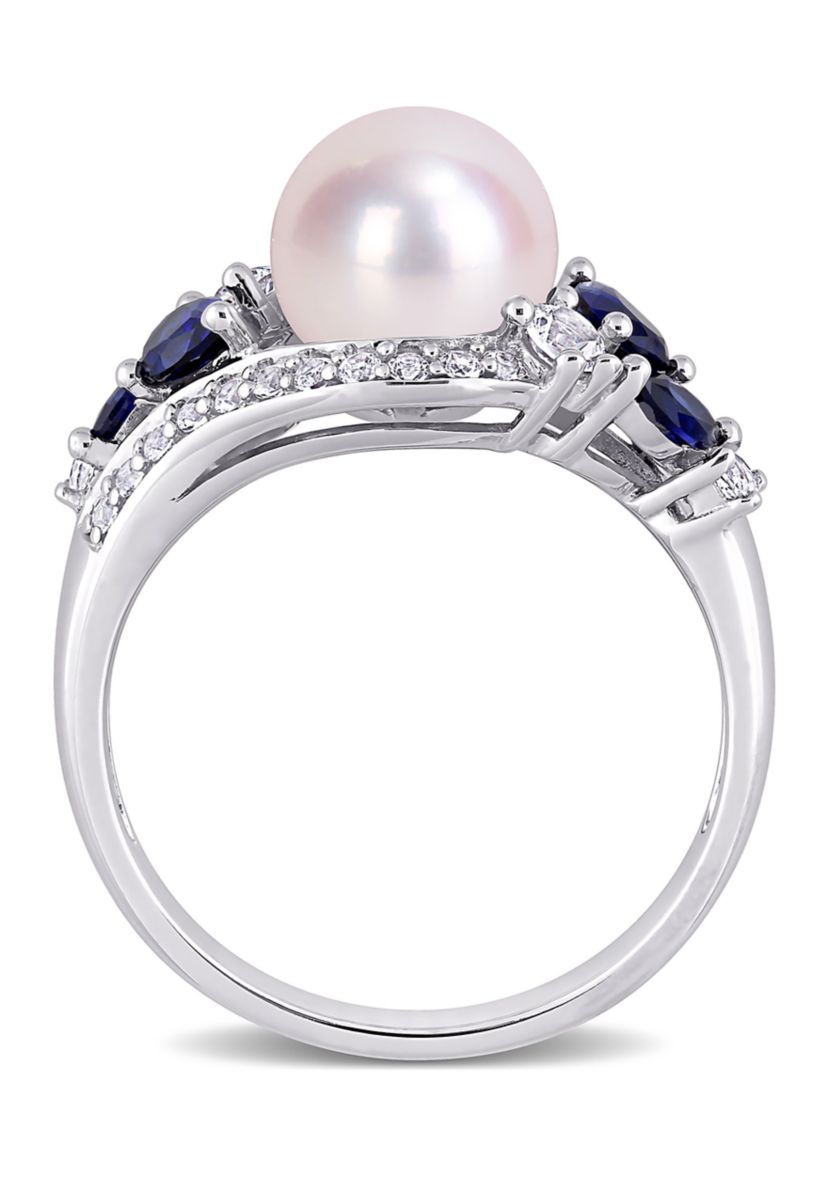 Lab Created 8-8.5mm Cultured Freshwater Pearl and 1 1/6 CT TGW Created Blue Sapphire Created White Sapphire Ring in 10k White Gold