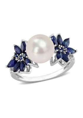 9-9.5mm Cultured Freshwater Pearl and 3/8 CT TGW Sapphire 1/8 TW Diamond Flower Ring 14k White Gold