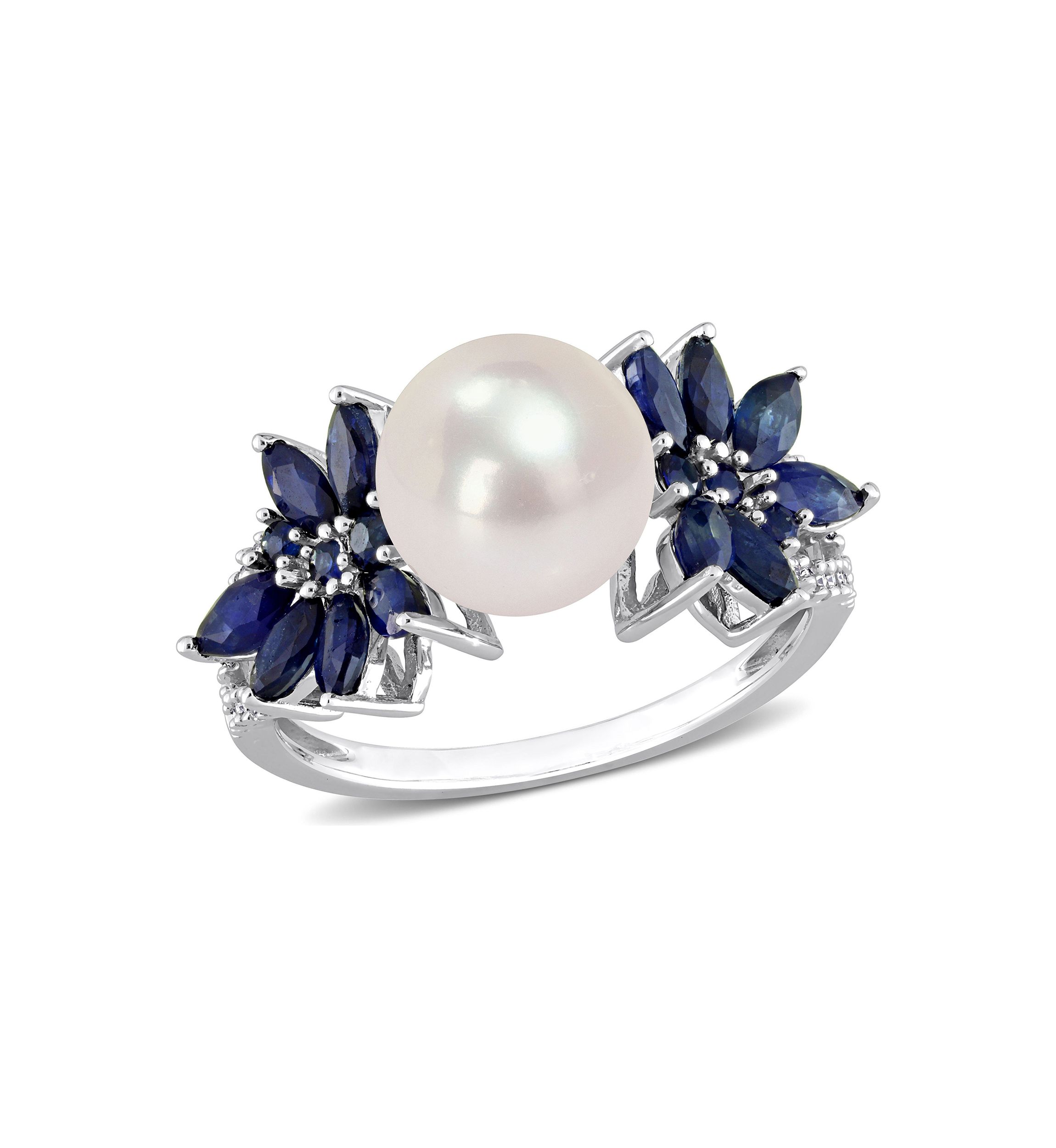 9-9.5mm Cultured Freshwater Pearl and 3/8 CT TGW Sapphire and 1/8 CT TW Diamond Flower Ring in 14k White Gold