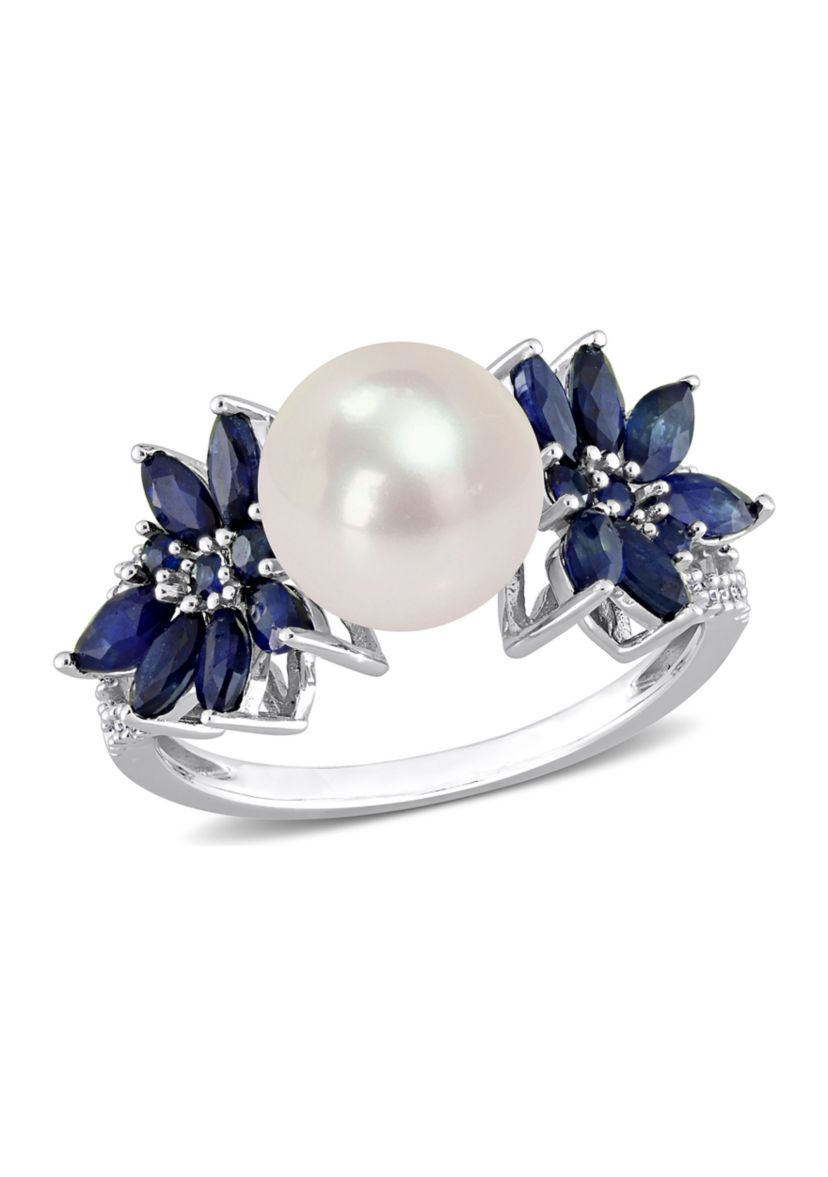 9-9.5mm Cultured Freshwater Pearl and 3/8 CT TGW Sapphire and 1/8 CT TW Diamond Flower Ring in 14k White Gold