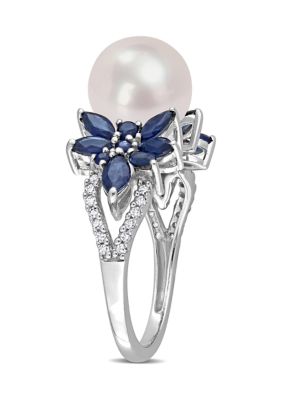 9-9.5mm Cultured Freshwater Pearl and 3/8 CT TGW Sapphire 1/8 TW Diamond Flower Ring 14k White Gold