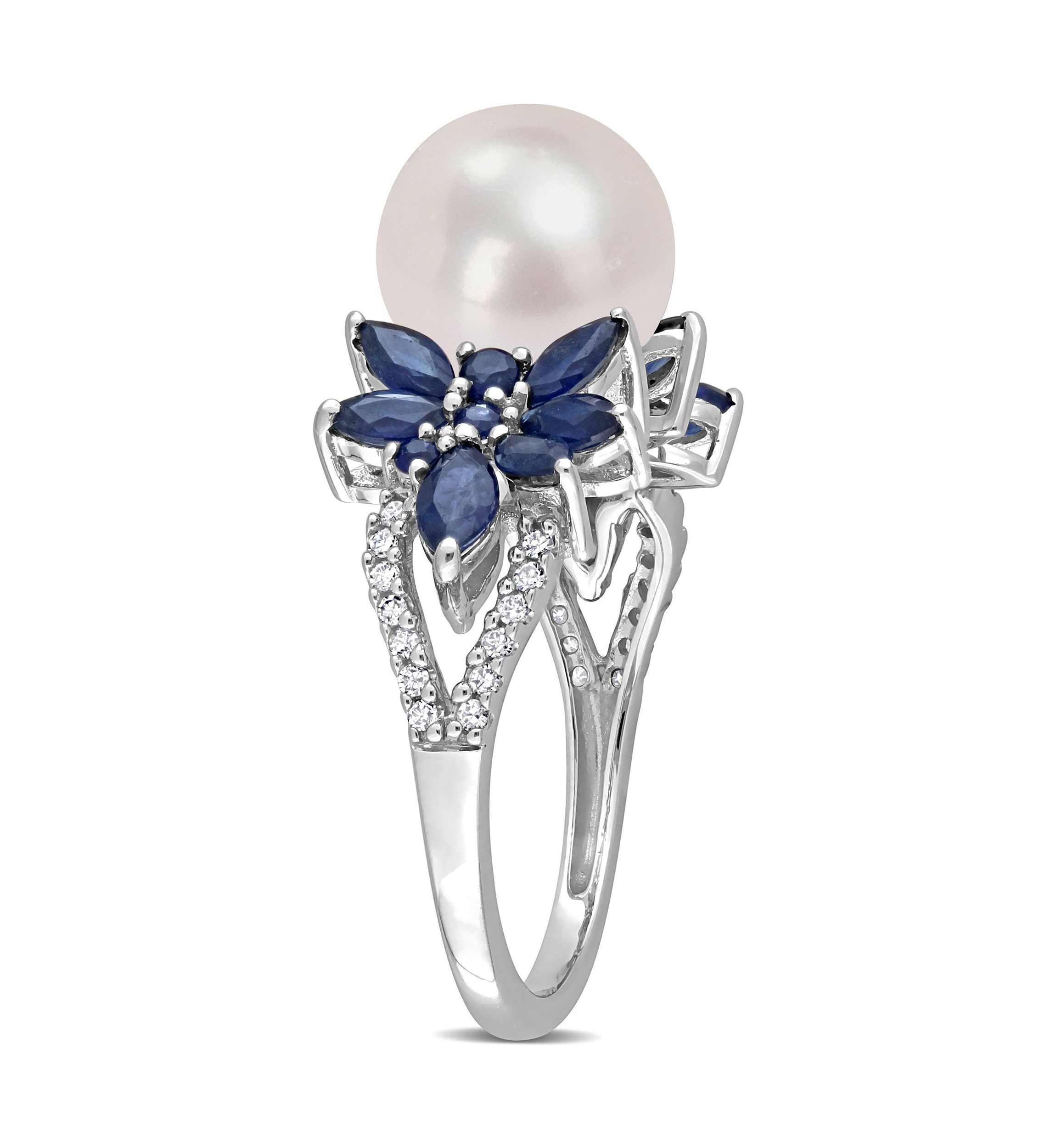 9-9.5mm Cultured Freshwater Pearl and 3/8 CT TGW Sapphire and 1/8 CT TW Diamond Flower Ring in 14k White Gold