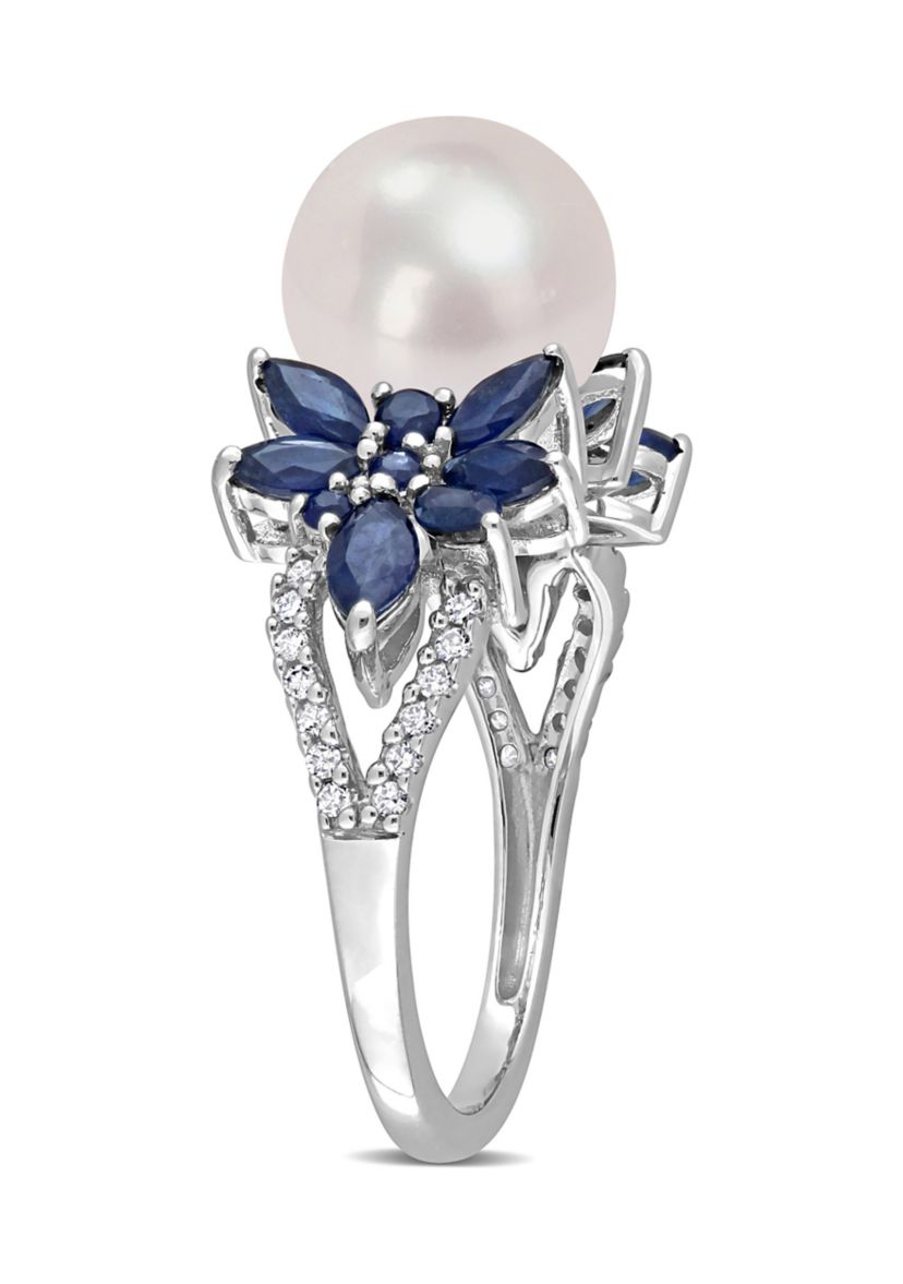 9-9.5mm Cultured Freshwater Pearl and 3/8 CT TGW Sapphire and 1/8 CT TW Diamond Flower Ring in 14k White Gold