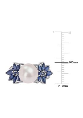9-9.5mm Cultured Freshwater Pearl and 3/8 CT TGW Sapphire 1/8 TW Diamond Flower Ring 14k White Gold