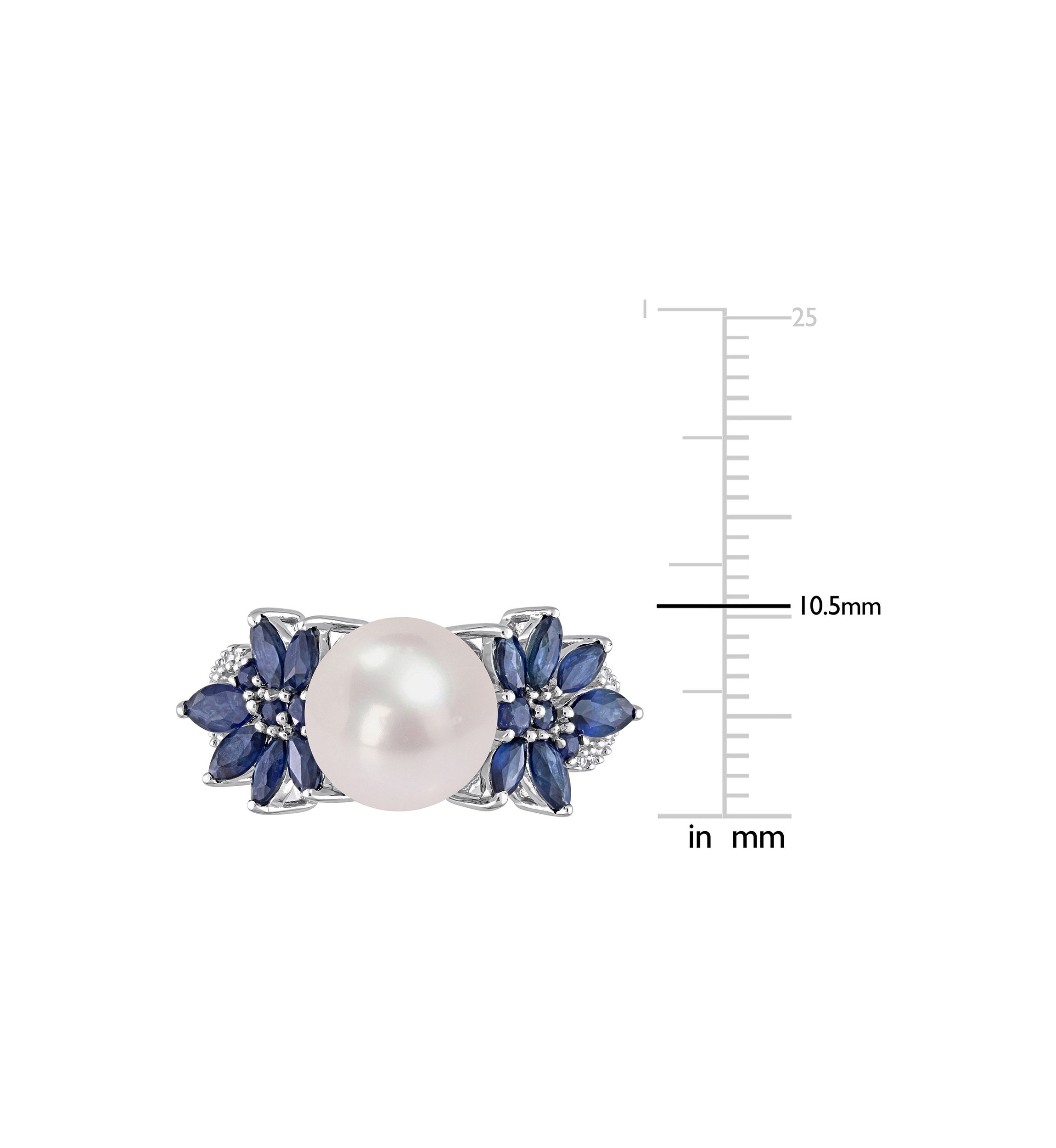 9-9.5mm Cultured Freshwater Pearl and 3/8 CT TGW Sapphire and 1/8 CT TW Diamond Flower Ring in 14k White Gold