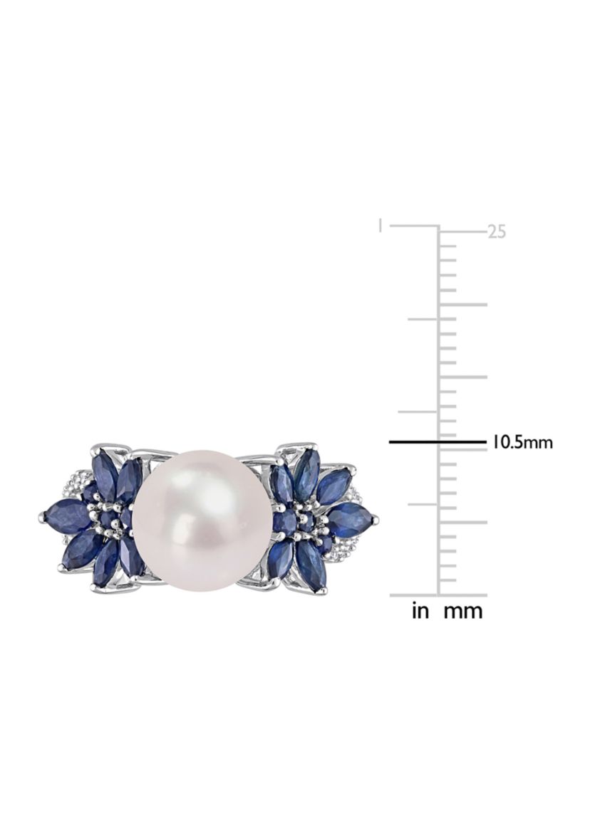 9-9.5mm Cultured Freshwater Pearl and 3/8 CT TGW Sapphire and 1/8 CT TW Diamond Flower Ring in 14k White Gold