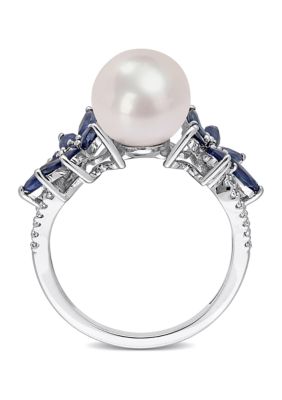 9-9.5mm Cultured Freshwater Pearl and 3/8 CT TGW Sapphire 1/8 TW Diamond Flower Ring 14k White Gold