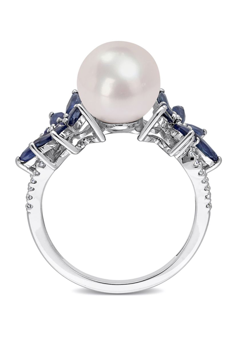 9-9.5mm Cultured Freshwater Pearl and 3/8 CT TGW Sapphire and 1/8 CT TW Diamond Flower Ring in 14k White Gold