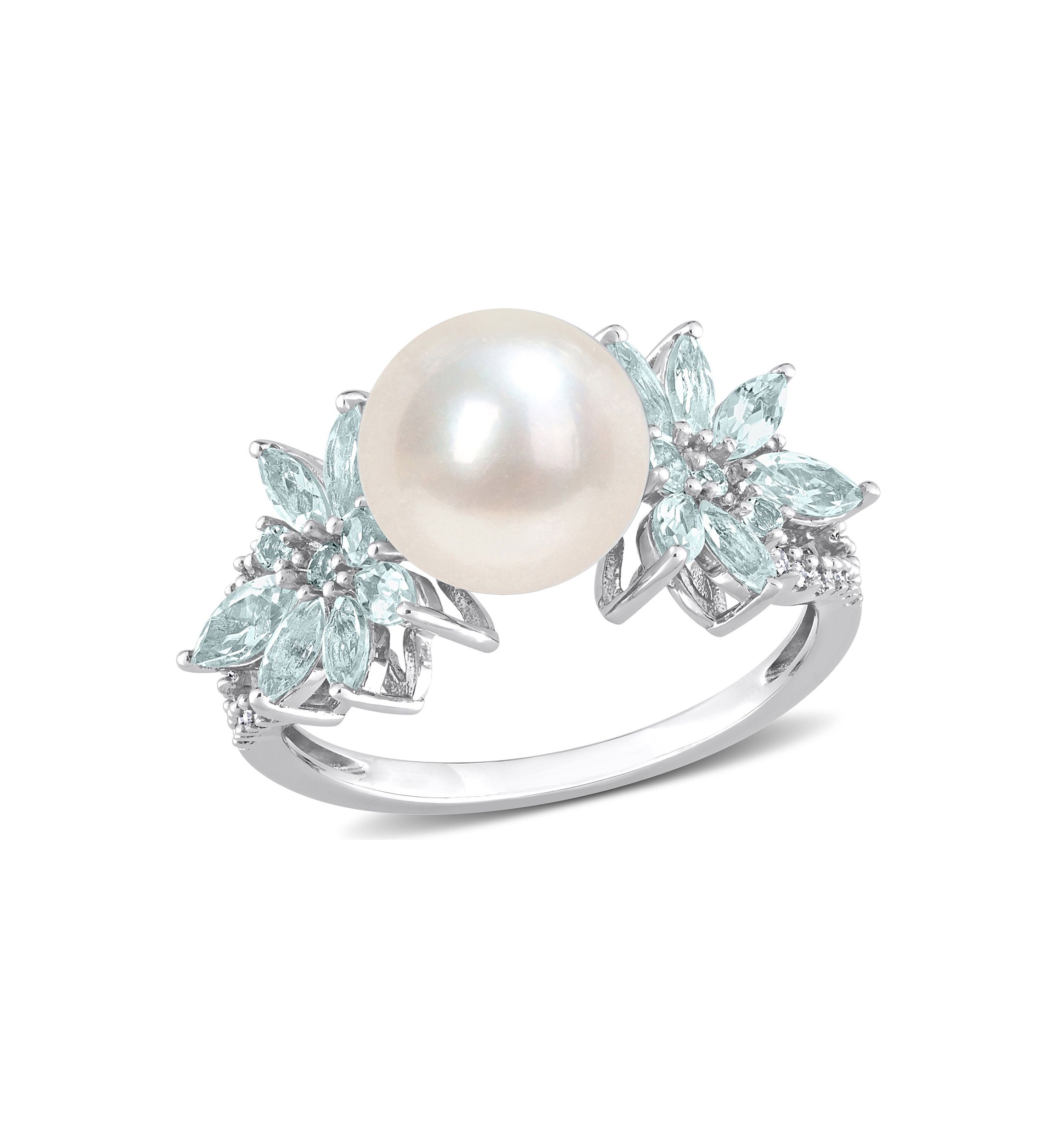 9-9.5mm Cultured Freshwater Pearl and 3/5 CT TGW Aquamarine and 1/8 CT TW Diamond Flower Ring in 14k White Gold
