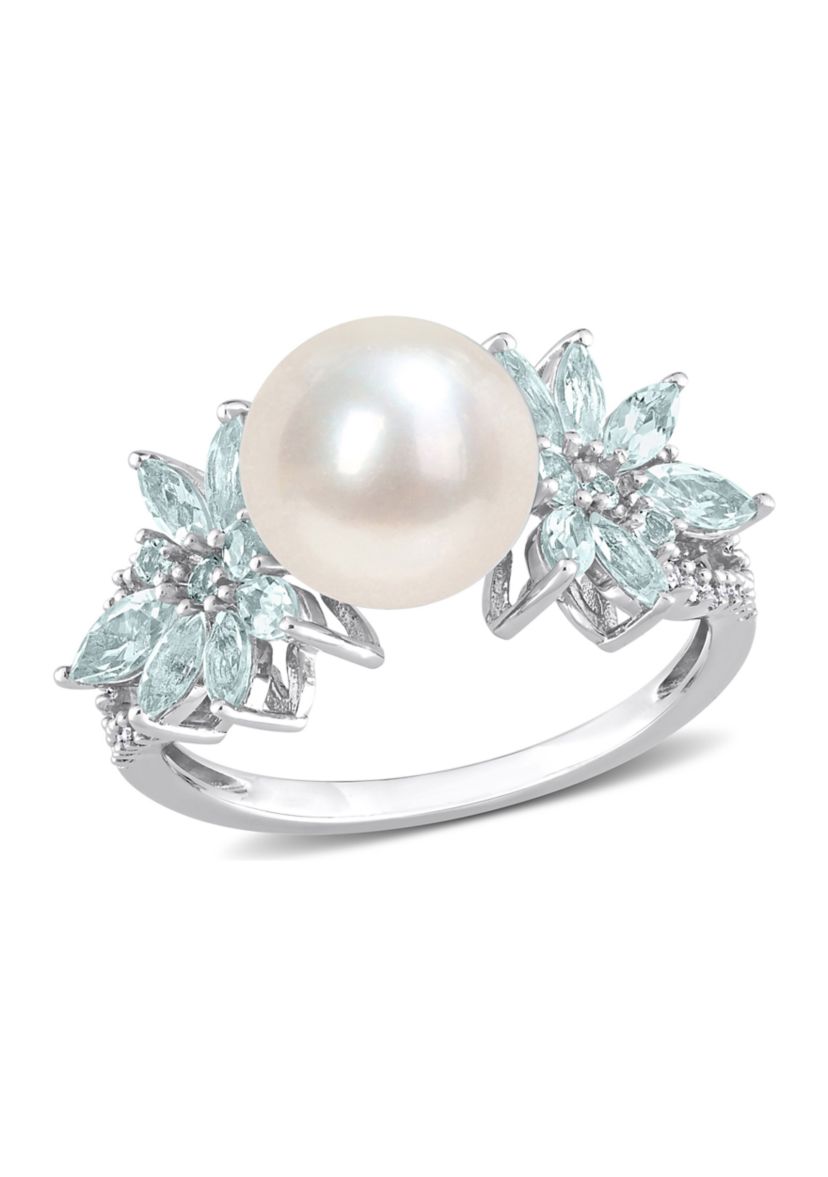 9-9.5mm Cultured Freshwater Pearl and 3/5 CT TGW Aquamarine and 1/8 CT TW Diamond Flower Ring in 14k White Gold