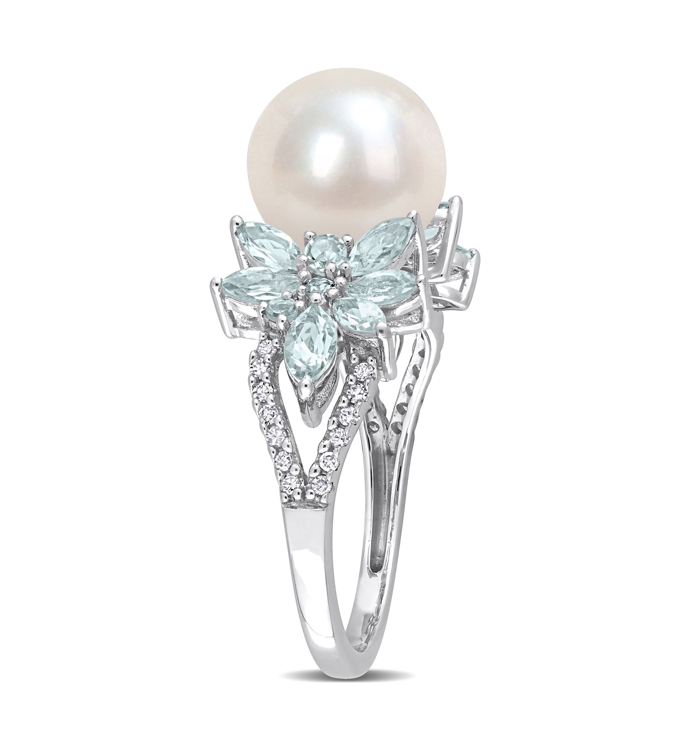 9-9.5mm Cultured Freshwater Pearl and 3/5 CT TGW Aquamarine and 1/8 CT TW Diamond Flower Ring in 14k White Gold