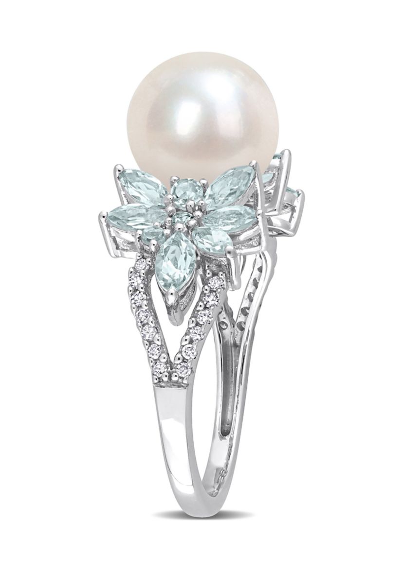 9-9.5mm Cultured Freshwater Pearl and 3/5 CT TGW Aquamarine and 1/8 CT TW Diamond Flower Ring in 14k White Gold