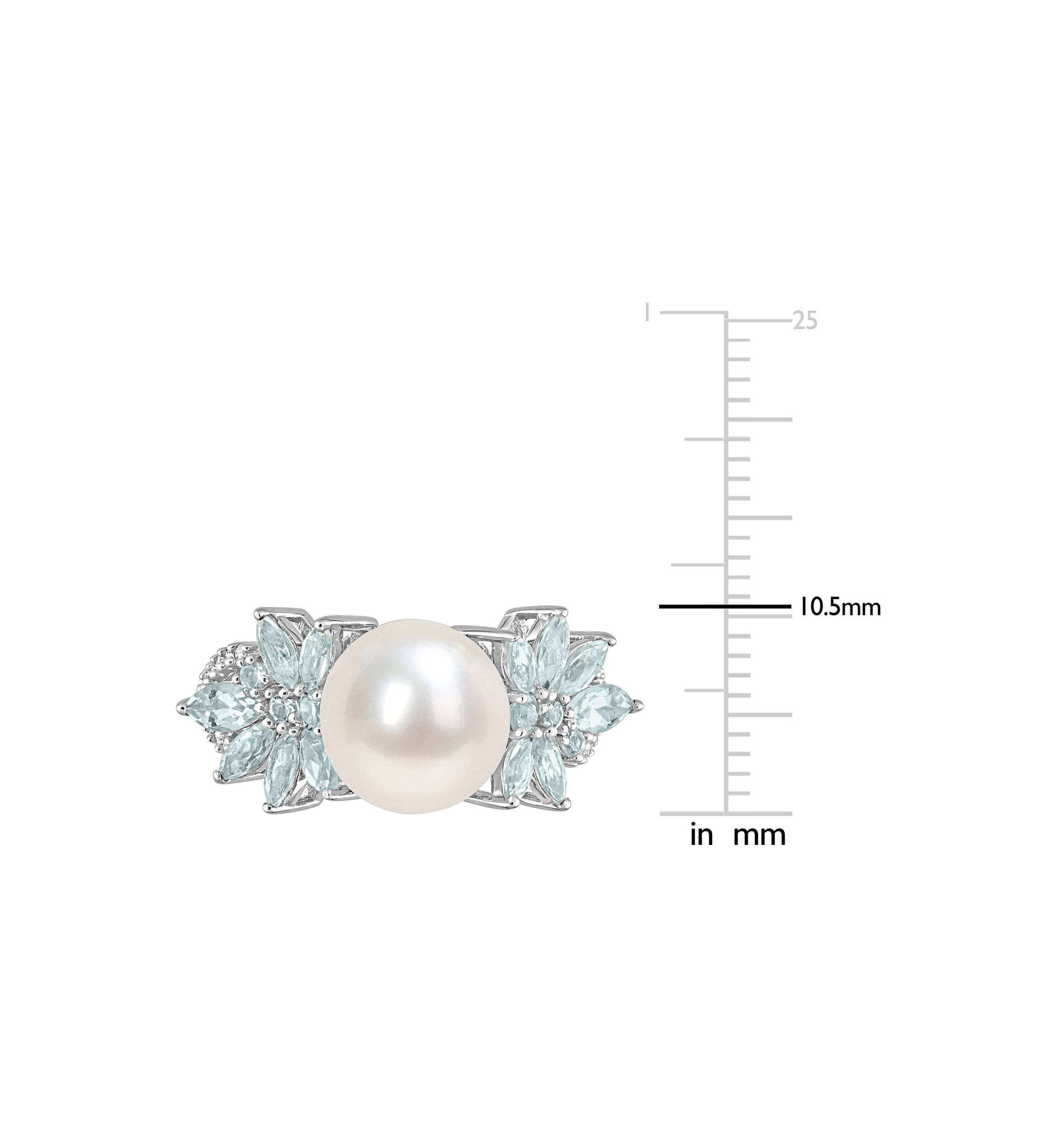 9-9.5mm Cultured Freshwater Pearl and 3/5 CT TGW Aquamarine and 1/8 CT TW Diamond Flower Ring in 14k White Gold