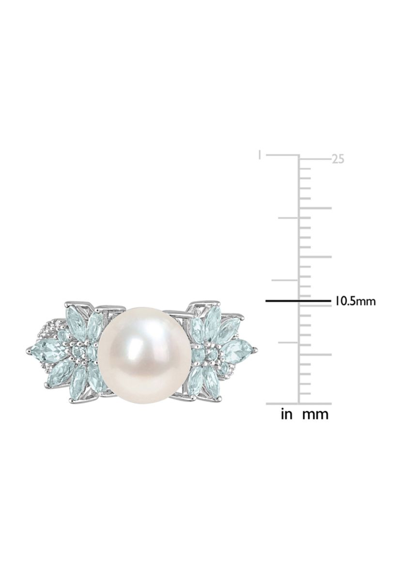 9-9.5mm Cultured Freshwater Pearl and 3/5 CT TGW Aquamarine and 1/8 CT TW Diamond Flower Ring in 14k White Gold
