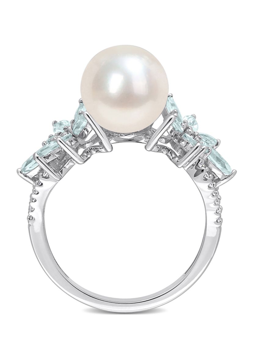 9-9.5mm Cultured Freshwater Pearl and 3/5 CT TGW Aquamarine and 1/8 CT TW Diamond Flower Ring in 14k White Gold