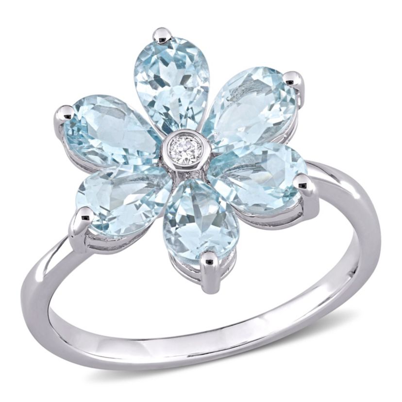 Aquamarine and Diamond Accent Floral Ring in 14k White Gold