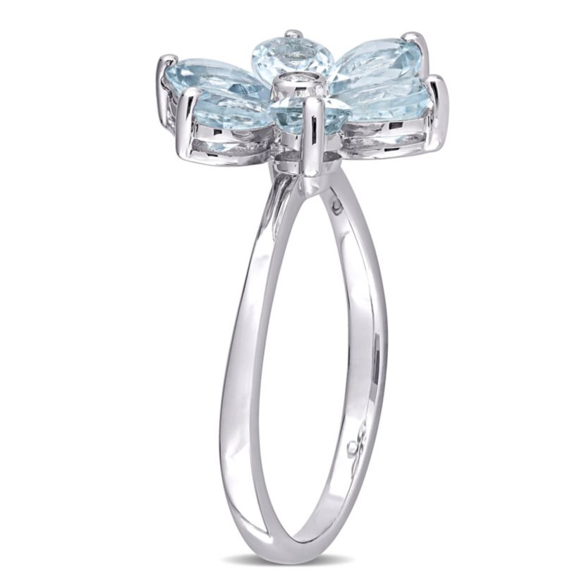 Aquamarine and Diamond Accent Floral Ring in 14k White Gold
