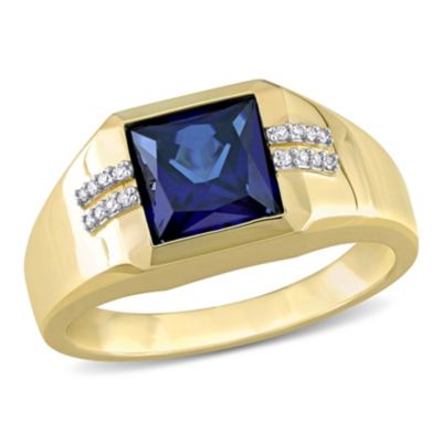 Belk & Co Lab Created Square Blue Sapphire and Diamond Accent Men's Ring in 10k Yellow Gold