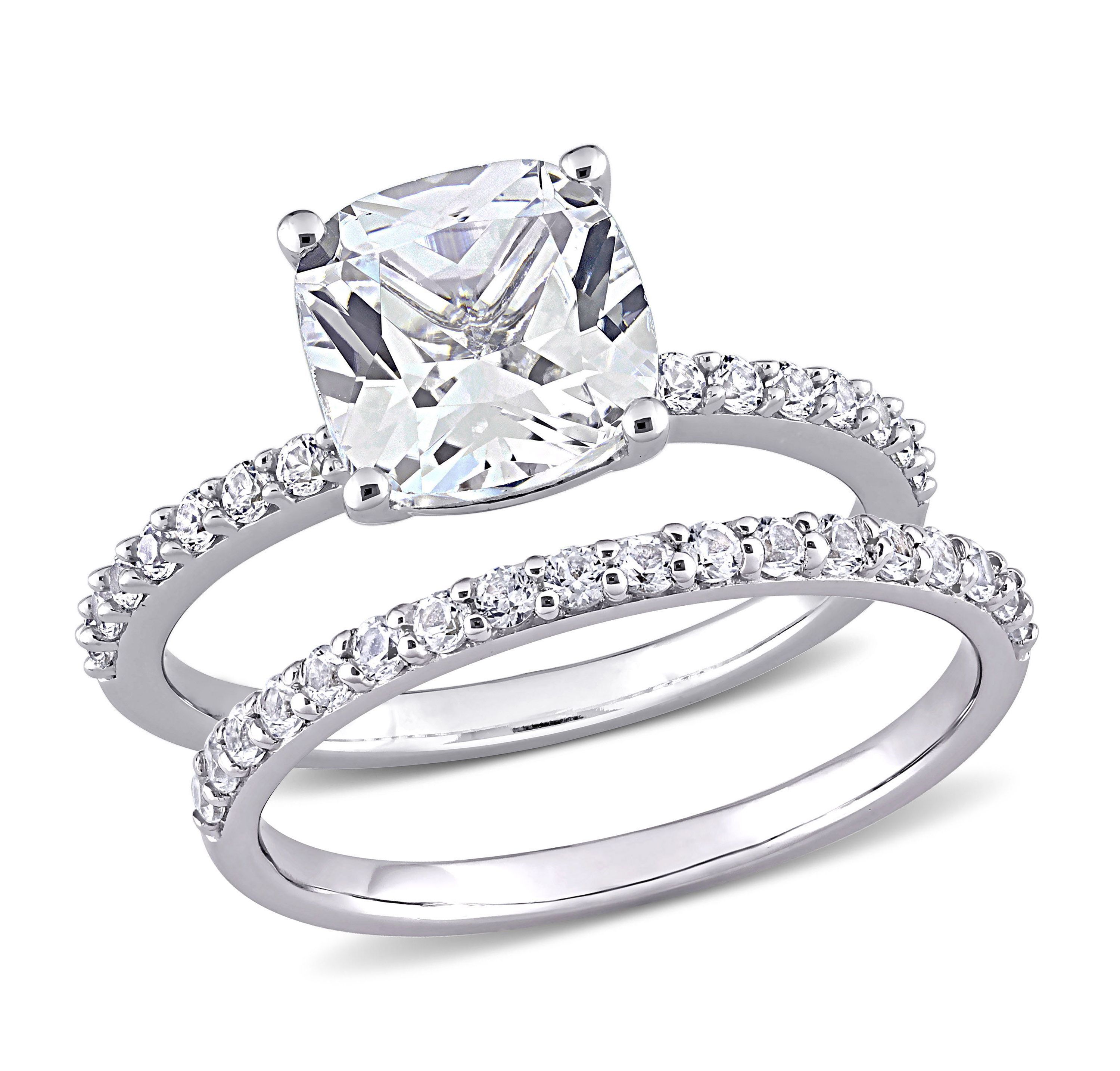 Lab Created Cushion Cut Created White Sapphire Engagement Ring and Matching Eternity Ring 2pc Set in 10K White Gold