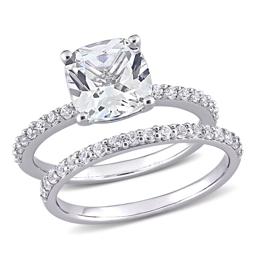 Lab Created Cushion Cut Created White Sapphire Engagement Ring and Matching Eternity Ring 2pc Set in 10K White Gold