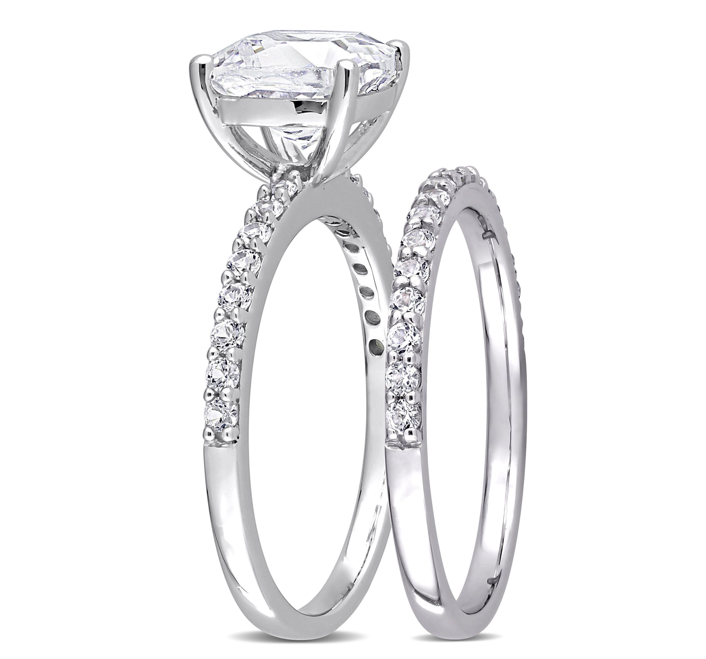 Lab Created Cushion Cut Created White Sapphire Engagement Ring and Matching Eternity Ring 2pc Set in 10K White Gold